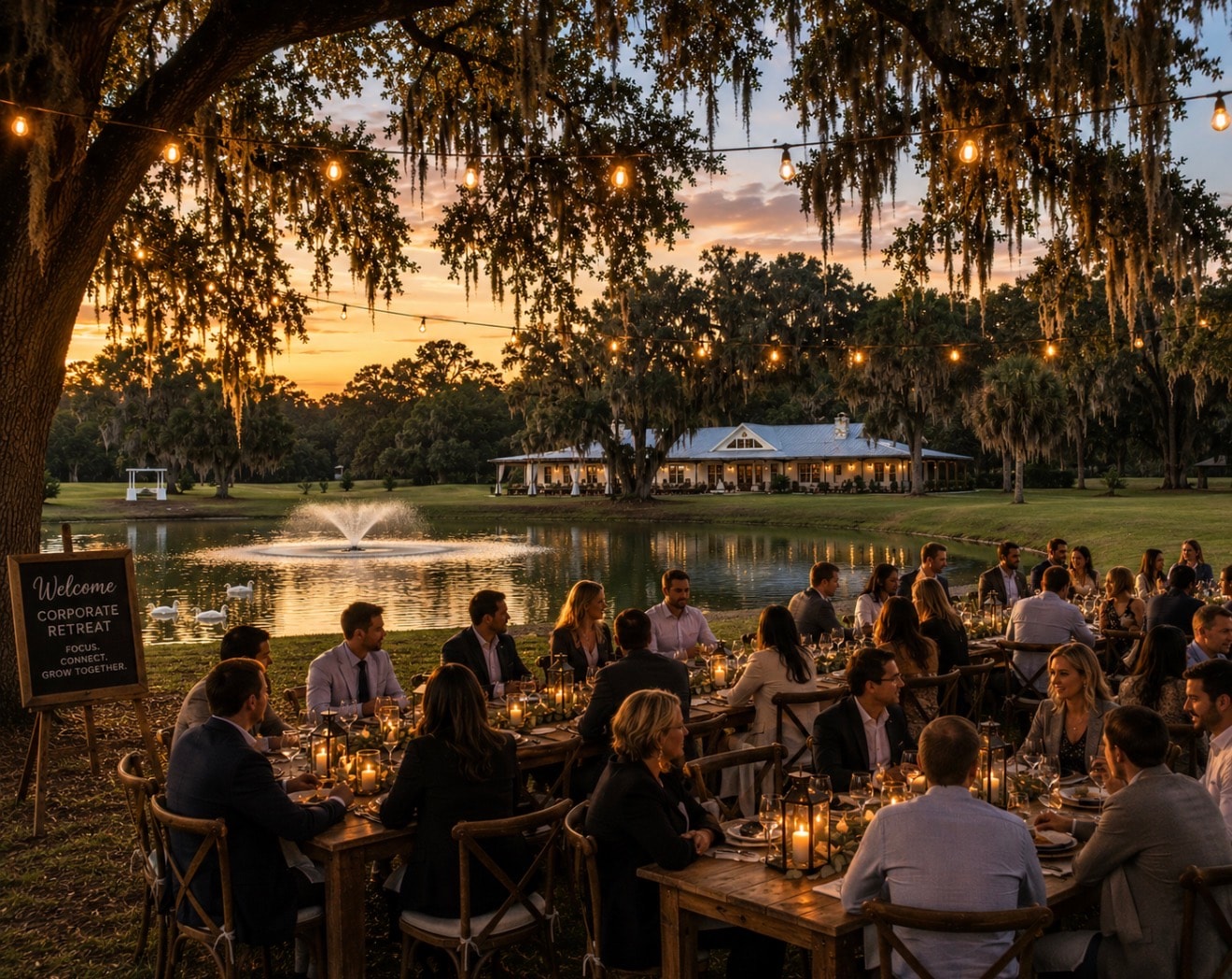 Corporate retreat dinner at sunset by the pond under Spanish moss and string lights at The Ranch