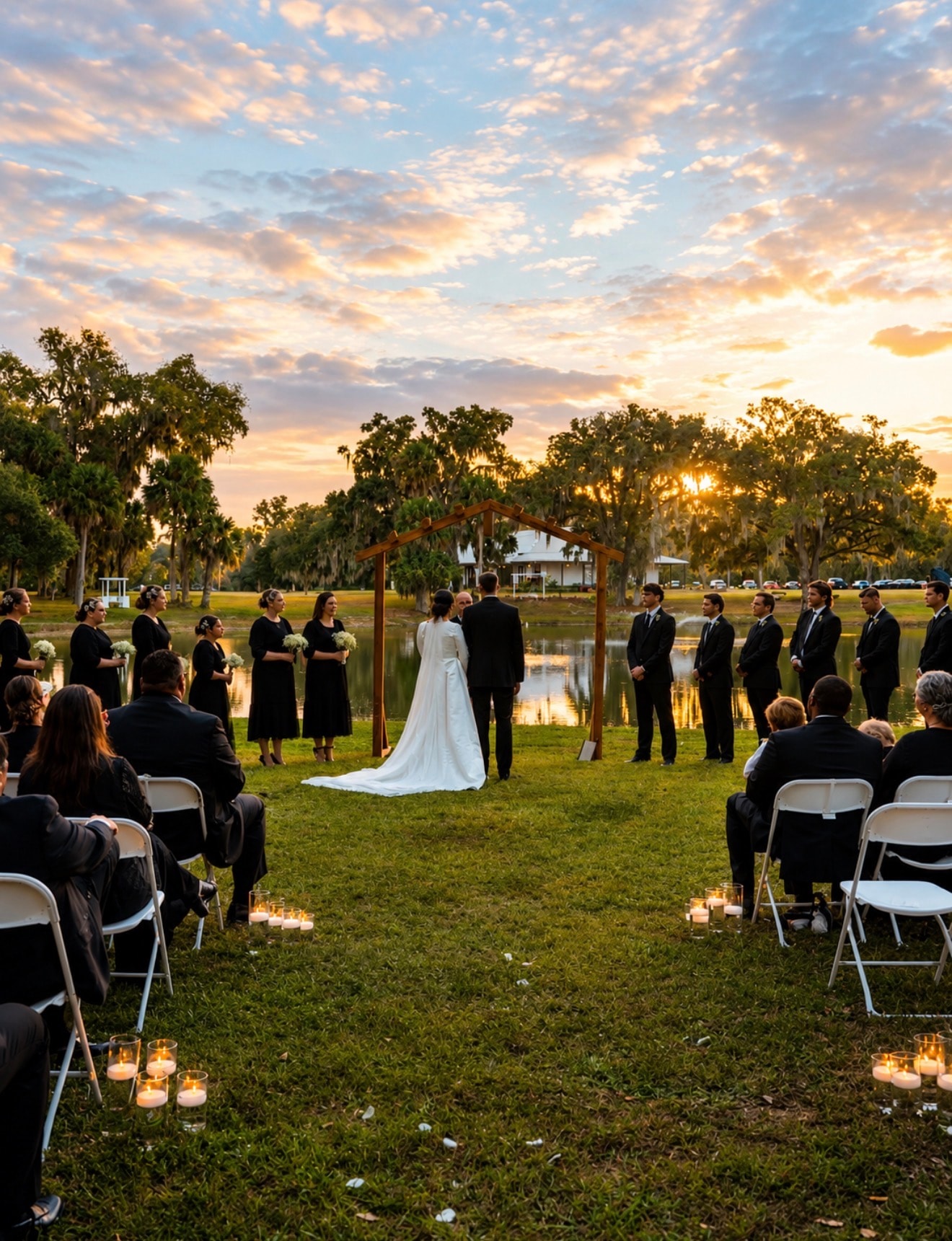 Wedding ceremony at sunset by the lake at The Ranch with candlelit aisle and wooden arch