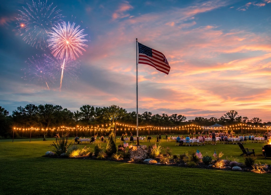 Holiday outdoor celebration with fireworks, string lights, and guests dining on the ranch lawn at sunset
