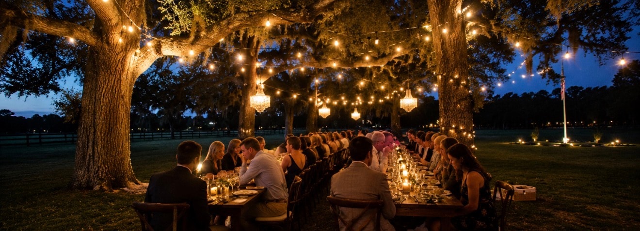 Elegant outdoor candlelit dinner at dusk at The Ranch