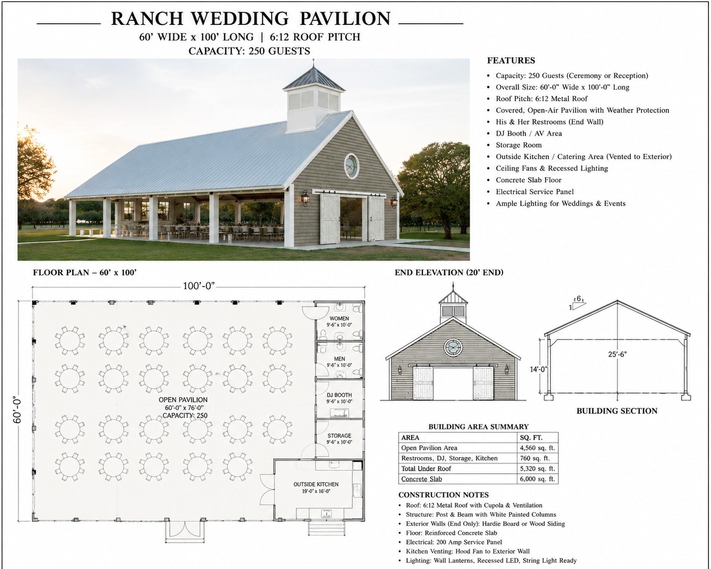 Architectural plans for the Ranch Wedding Pavilion — 60x100 ft covered open-air venue with 250-guest capacity, coming January 2027